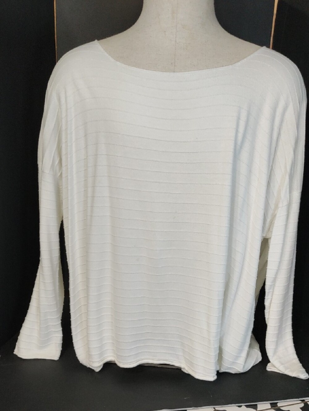 PLANET By Lauren G Relaxed Boatneck Ribbed Long-Sleeve Top - White OS - Picture 2 of 8